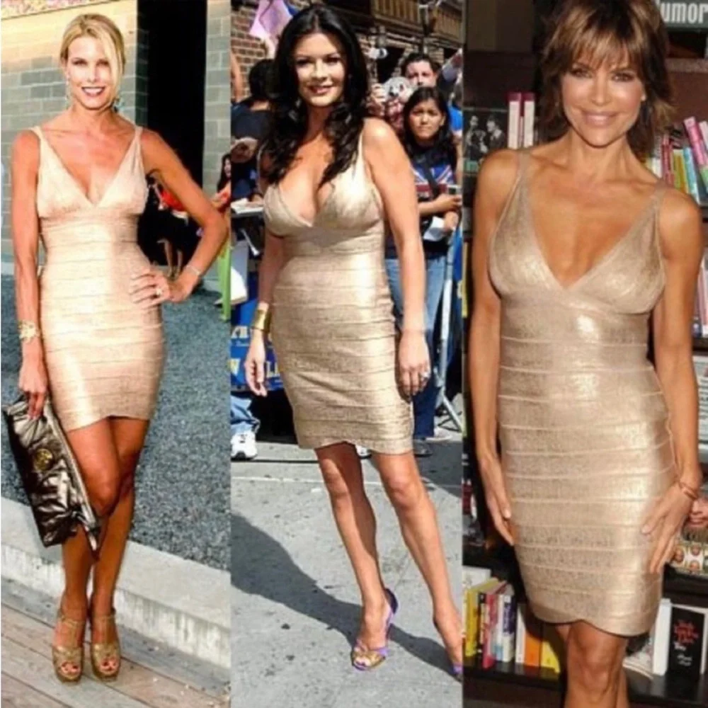 Herve Leger Champagne Gold Foil Knit Dress - Picture 12 of 13